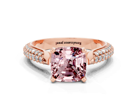 Rose gold Cushion Cut Diamond Solitaire Engagement Ring with Pavé Band and Four-Prong Setting