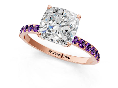 Rose gold Cushion Cut Diamond Solitaire Engagement Ring with Round with Amethyst side stone Pavé Band and Prong Setting_1