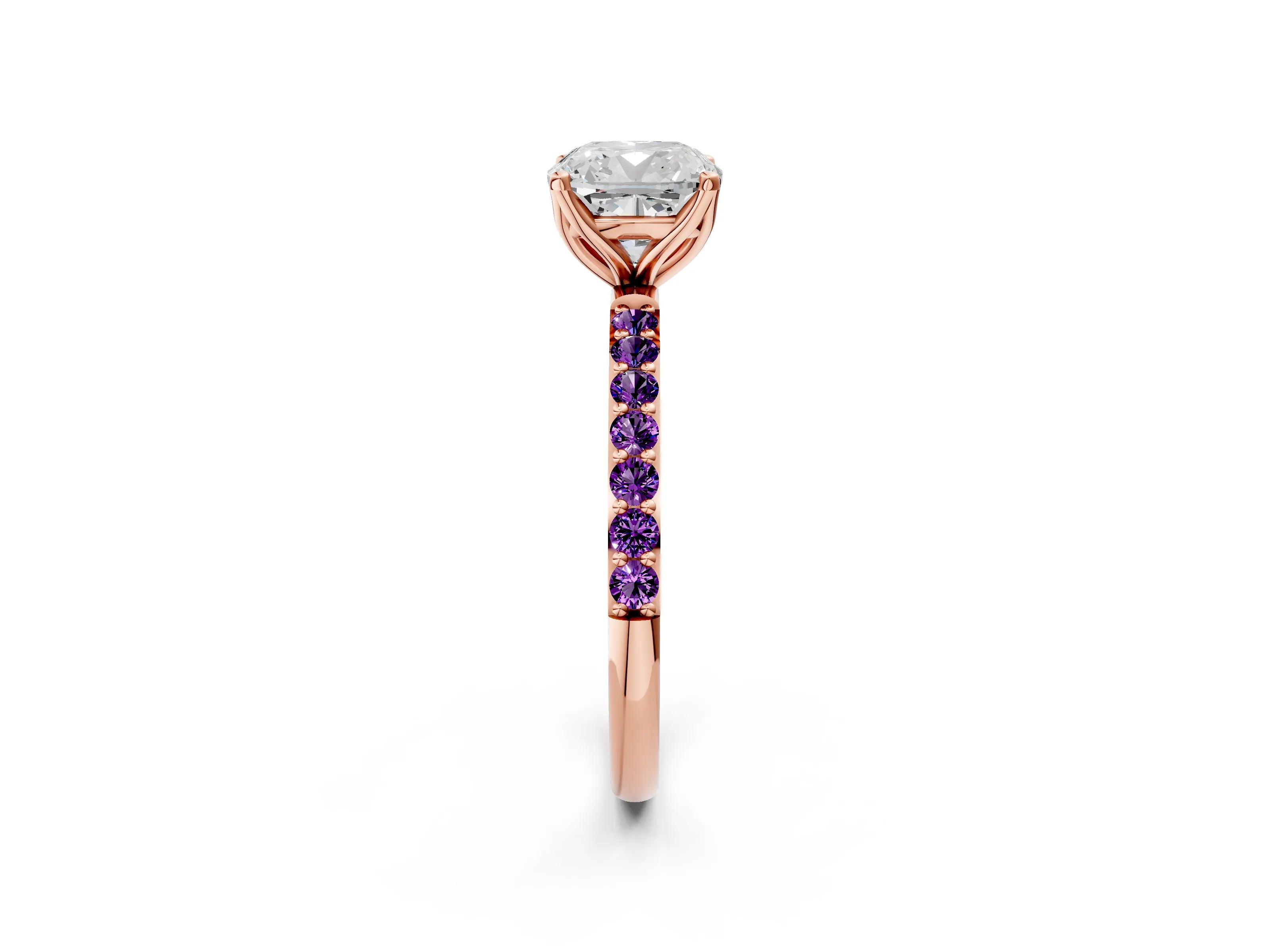 Rose gold Cushion Cut Diamond Solitaire Engagement Ring with Round with Amethyst side stone Pavé Band and Prong Setting_2