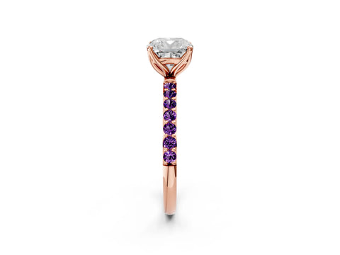 Rose gold Cushion Cut Diamond Solitaire Engagement Ring with Round with Amethyst side stone Pavé Band and Prong Setting_2