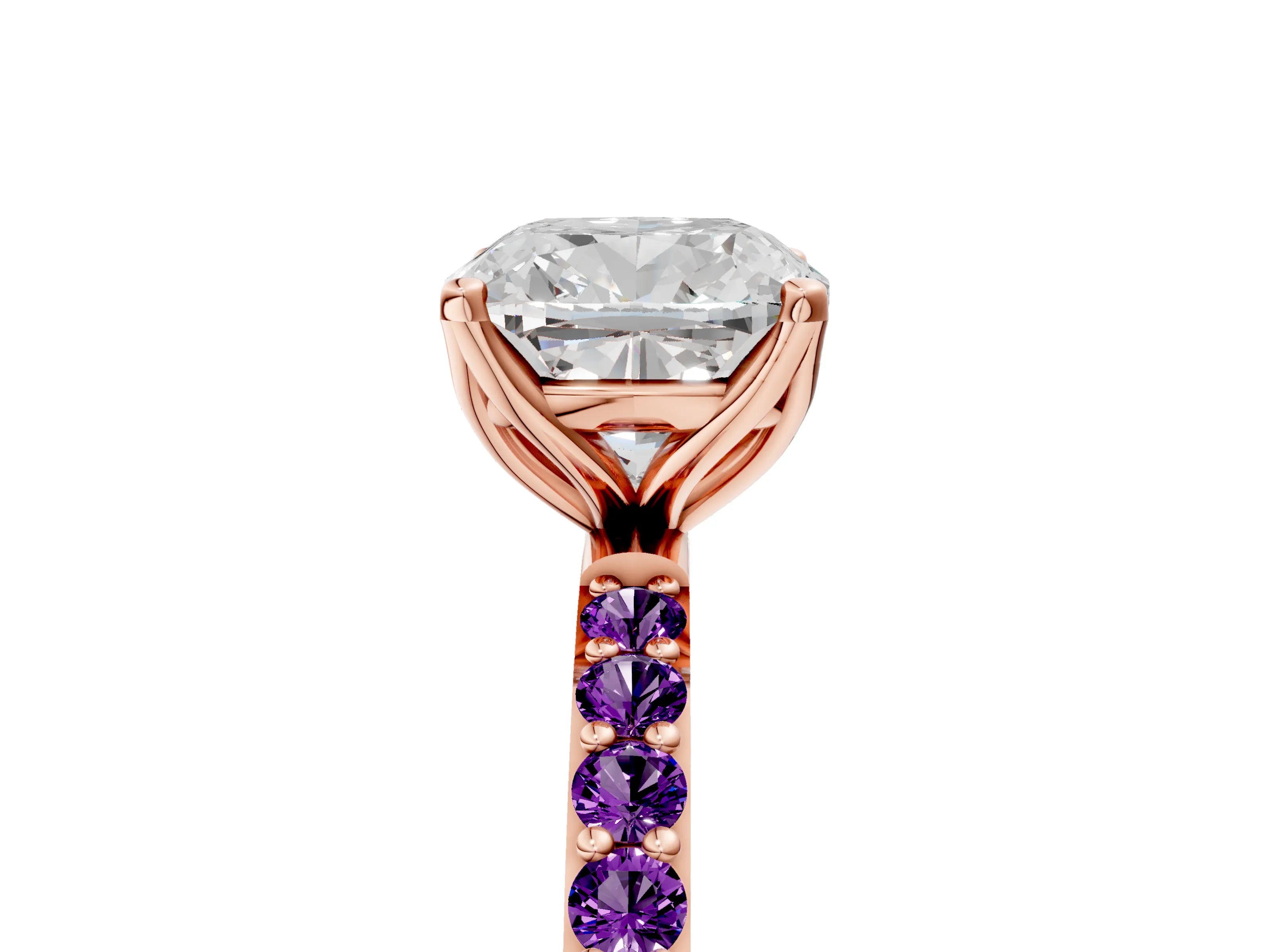 Rose gold Cushion Cut Diamond Solitaire Engagement Ring with Round with Amethyst side stone Pavé Band and Prong Setting_5
