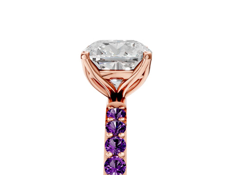Rose gold Cushion Cut Diamond Solitaire Engagement Ring with Round with Amethyst side stone Pavé Band and Prong Setting_5