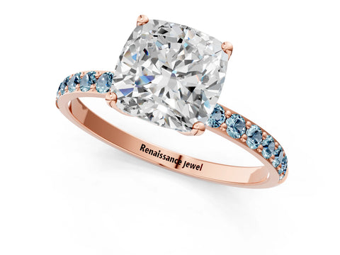 Rose gold Cushion Cut Diamond Solitaire Engagement Ring with Round with Aquamarine side stone Pavé Band and Prong Setting_1