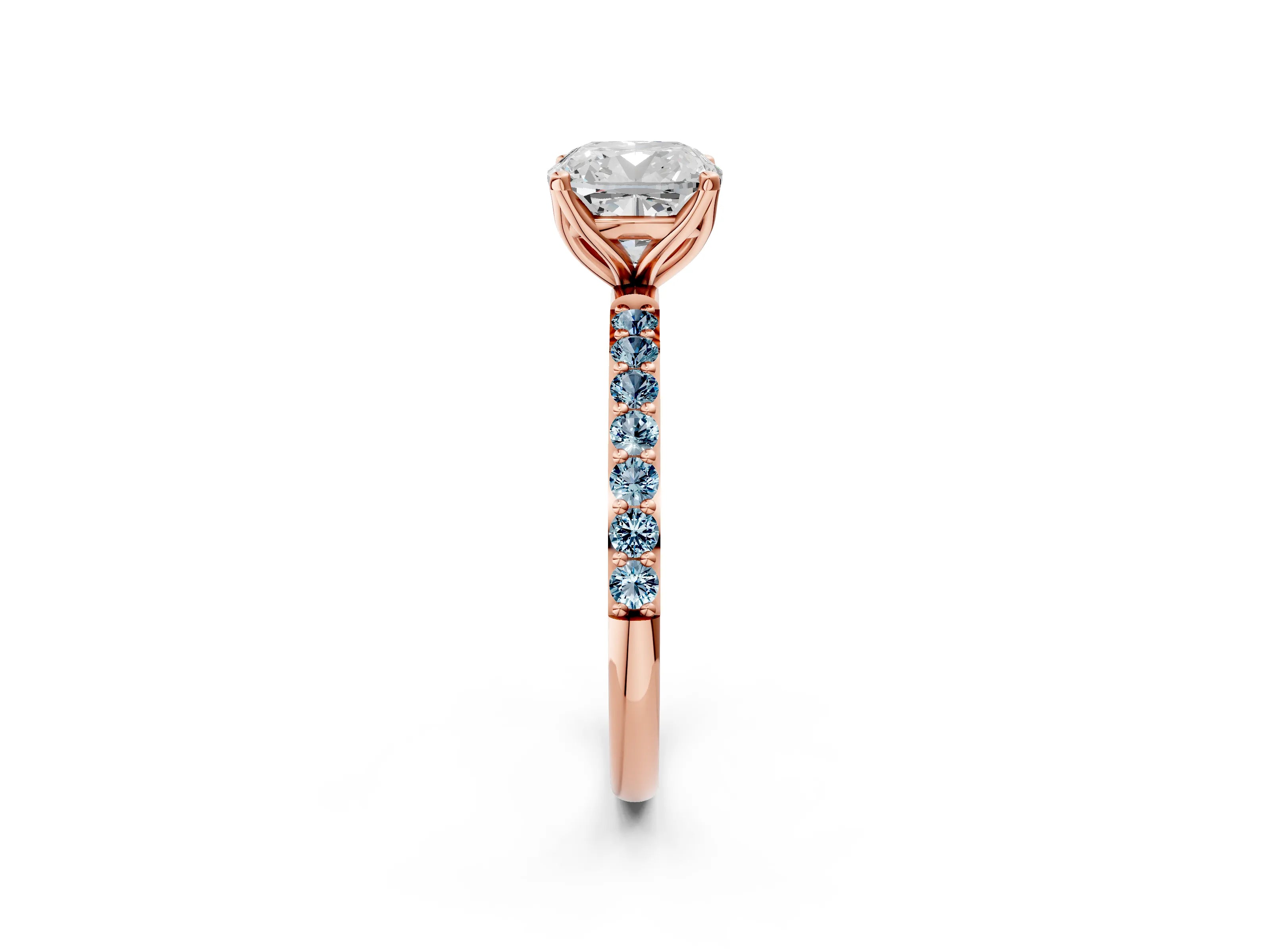 Rose gold Cushion Cut Diamond Solitaire Engagement Ring with Round with Aquamarine side stone Pavé Band and Prong Setting_2