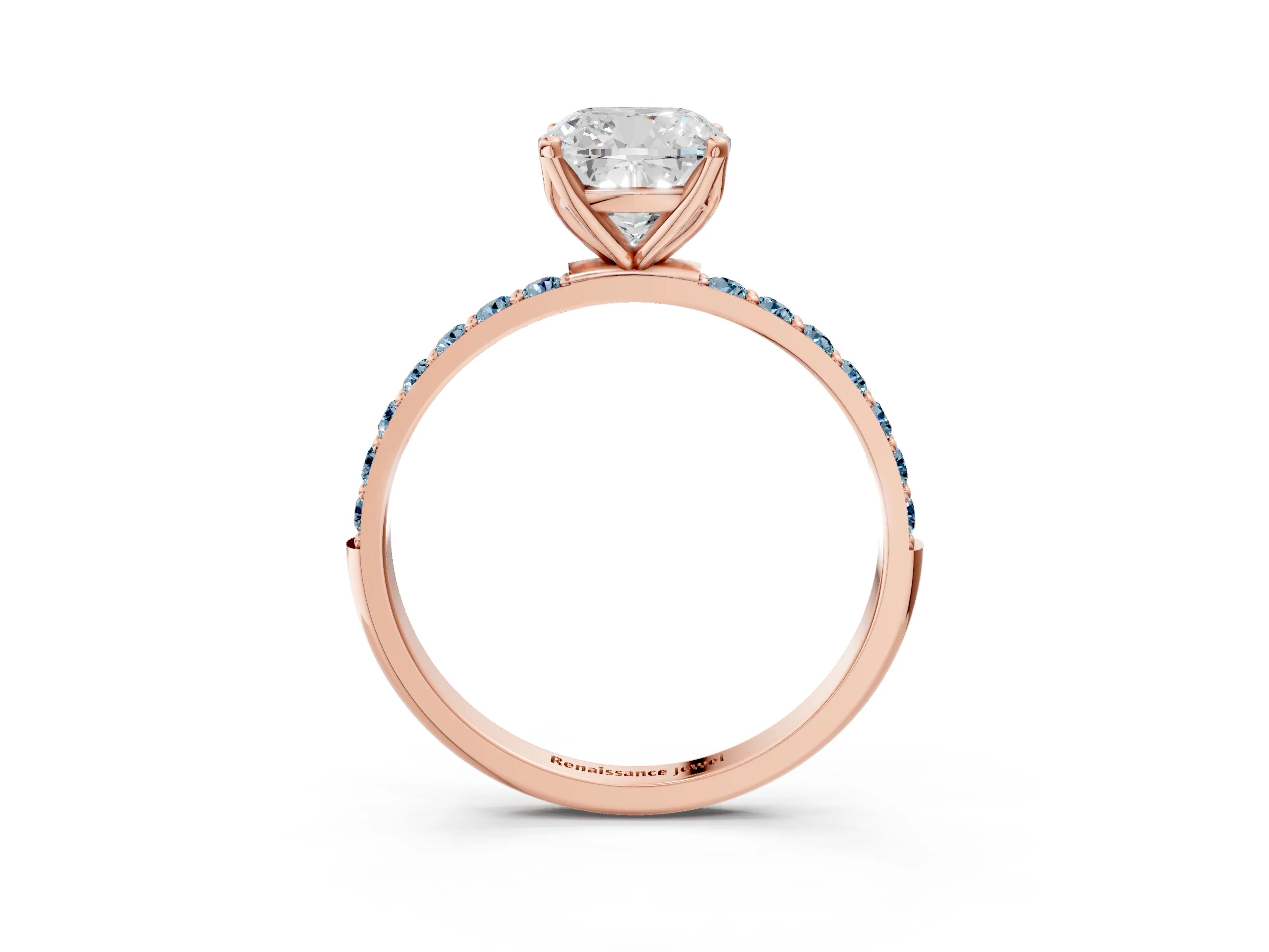 Rose gold Cushion Cut Diamond Solitaire Engagement Ring with Round with Aquamarine side stone Pavé Band and Prong Setting_3