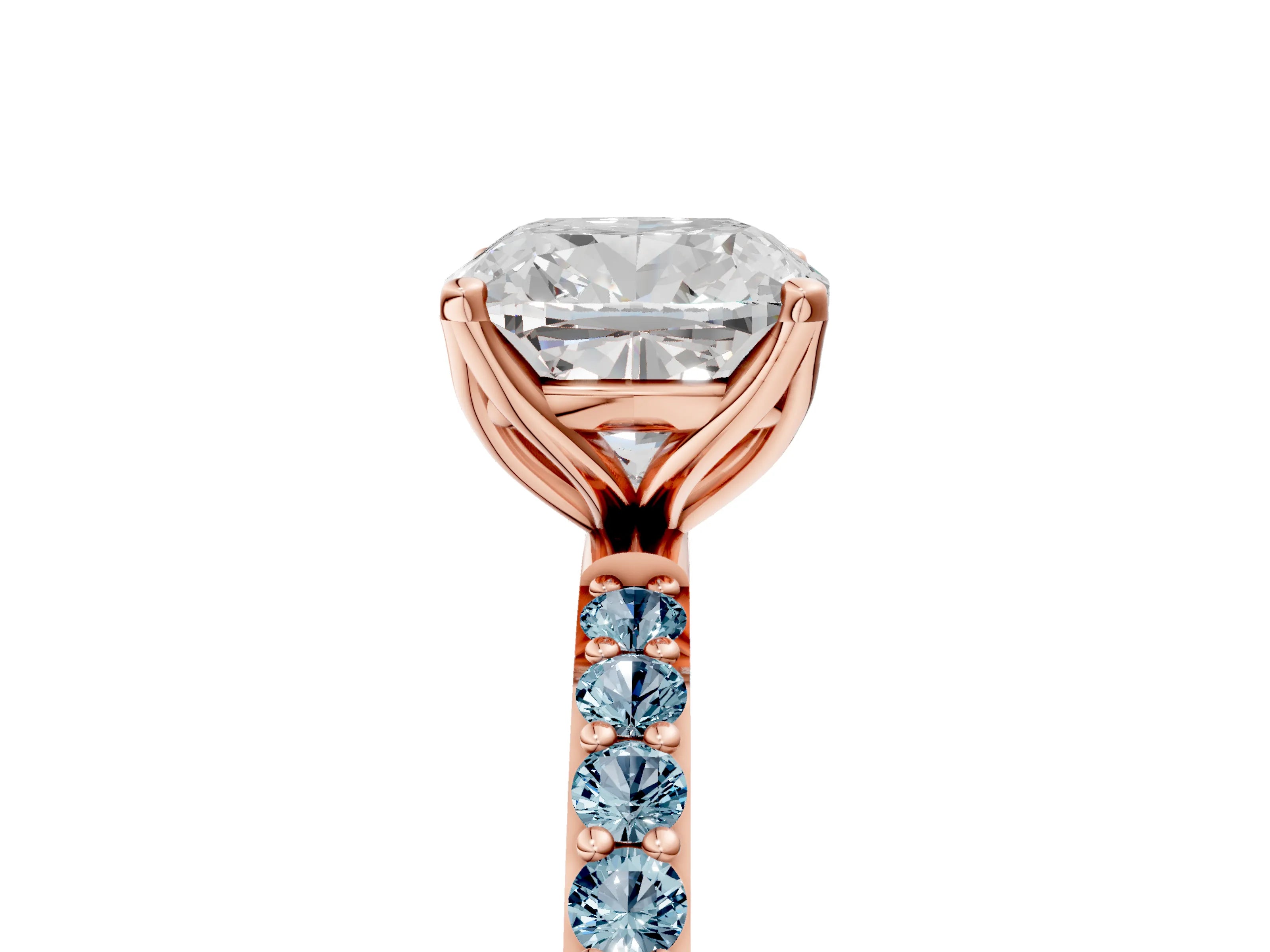 Rose gold Cushion Cut Diamond Solitaire Engagement Ring with Round with Aquamarine side stone Pavé Band and Prong Setting_5