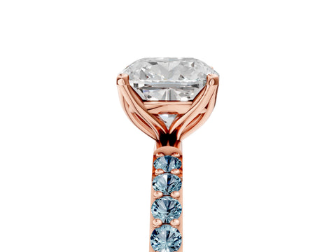 Rose gold Cushion Cut Diamond Solitaire Engagement Ring with Round with Aquamarine side stone Pavé Band and Prong Setting_5