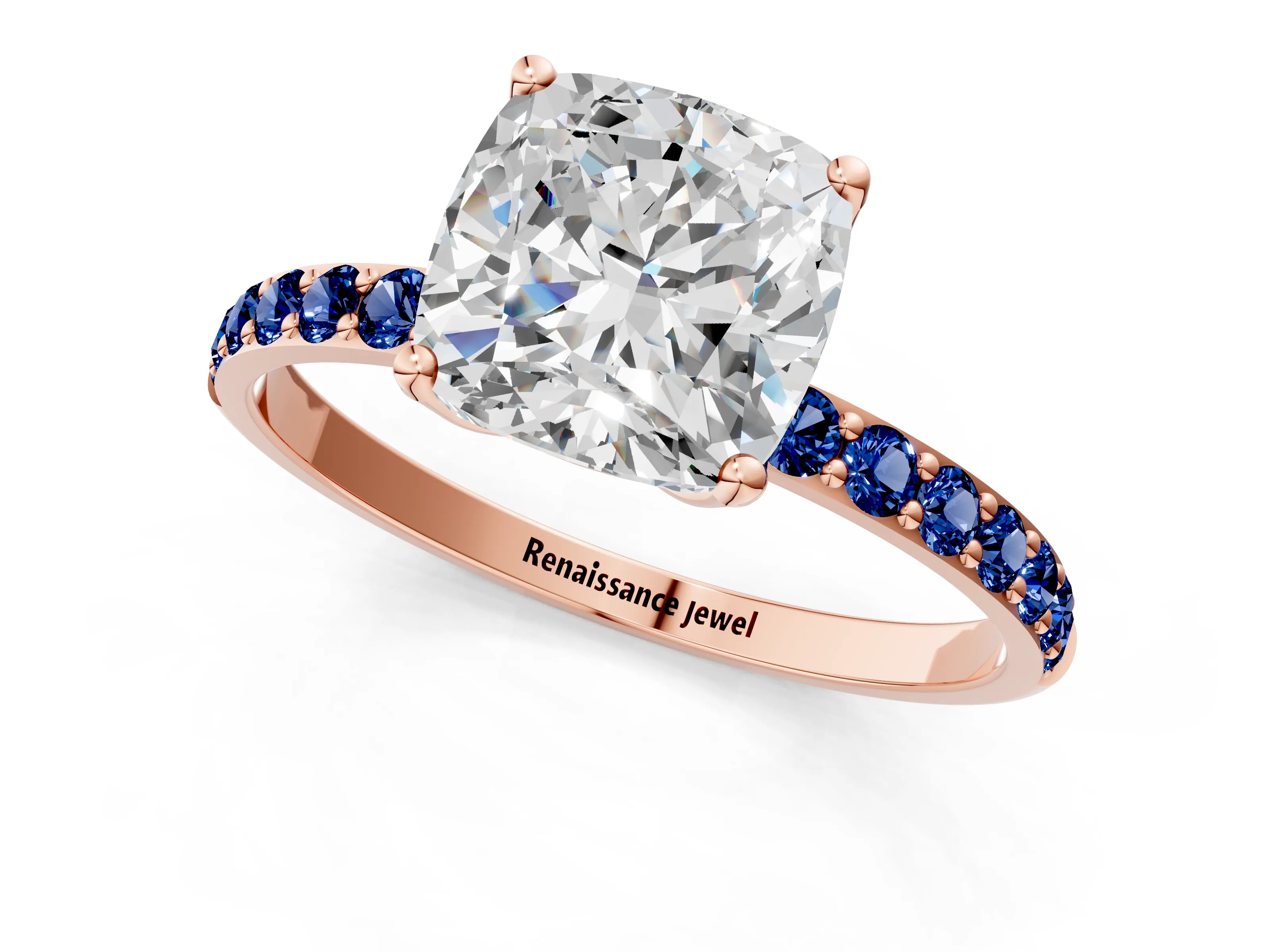 Rose gold Cushion Cut Diamond Solitaire Engagement Ring with Round with Blue Sapphire side stone Pavé Band and Prong Setting_1