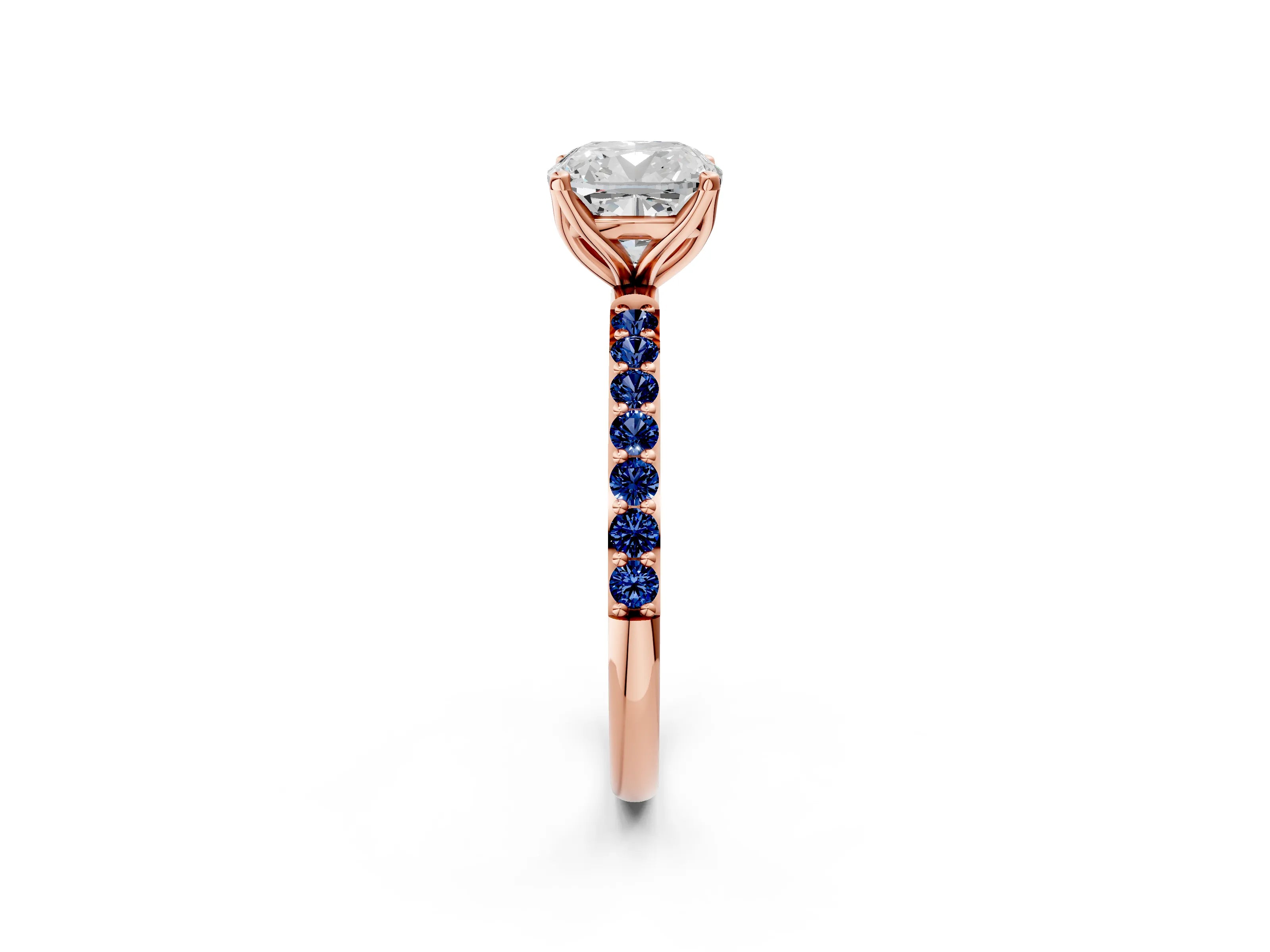 Rose gold Cushion Cut Diamond Solitaire Engagement Ring with Round with Blue Sapphire side stone Pavé Band and Prong Setting_2