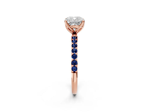 Rose gold Cushion Cut Diamond Solitaire Engagement Ring with Round with Blue Sapphire side stone Pavé Band and Prong Setting_2