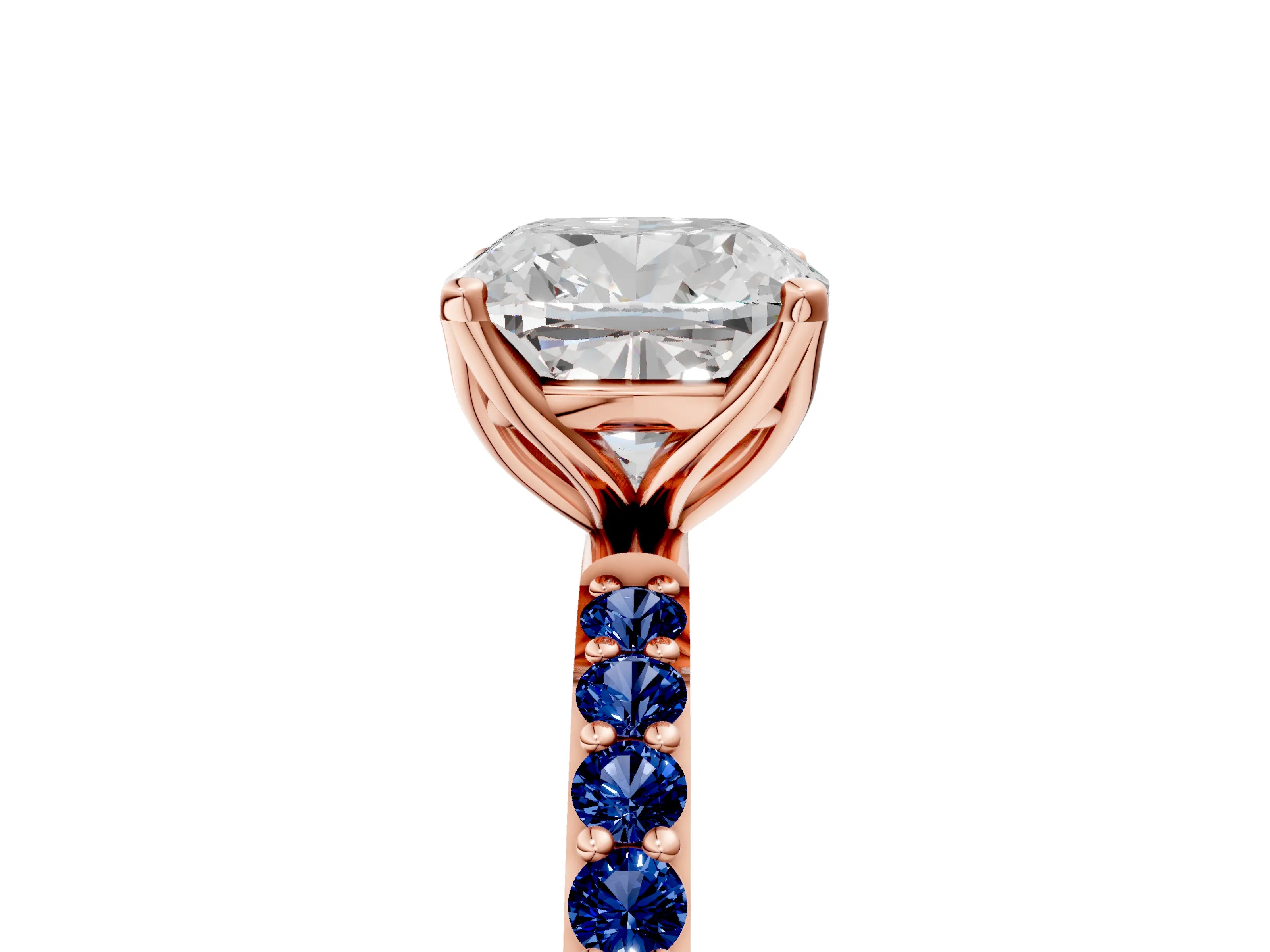 Rose gold Cushion Cut Diamond Solitaire Engagement Ring with Round with Blue Sapphire side stone Pavé Band and Prong Setting_5