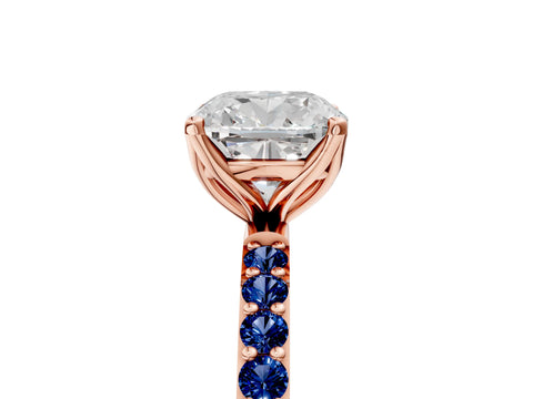 Rose gold Cushion Cut Diamond Solitaire Engagement Ring with Round with Blue Sapphire side stone Pavé Band and Prong Setting_5