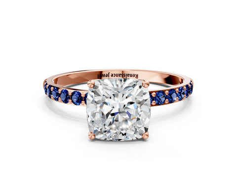 Rose gold Cushion Cut Diamond Solitaire Engagement Ring with Round with Blue Sapphire side stone Pavé Band and Prong Setting