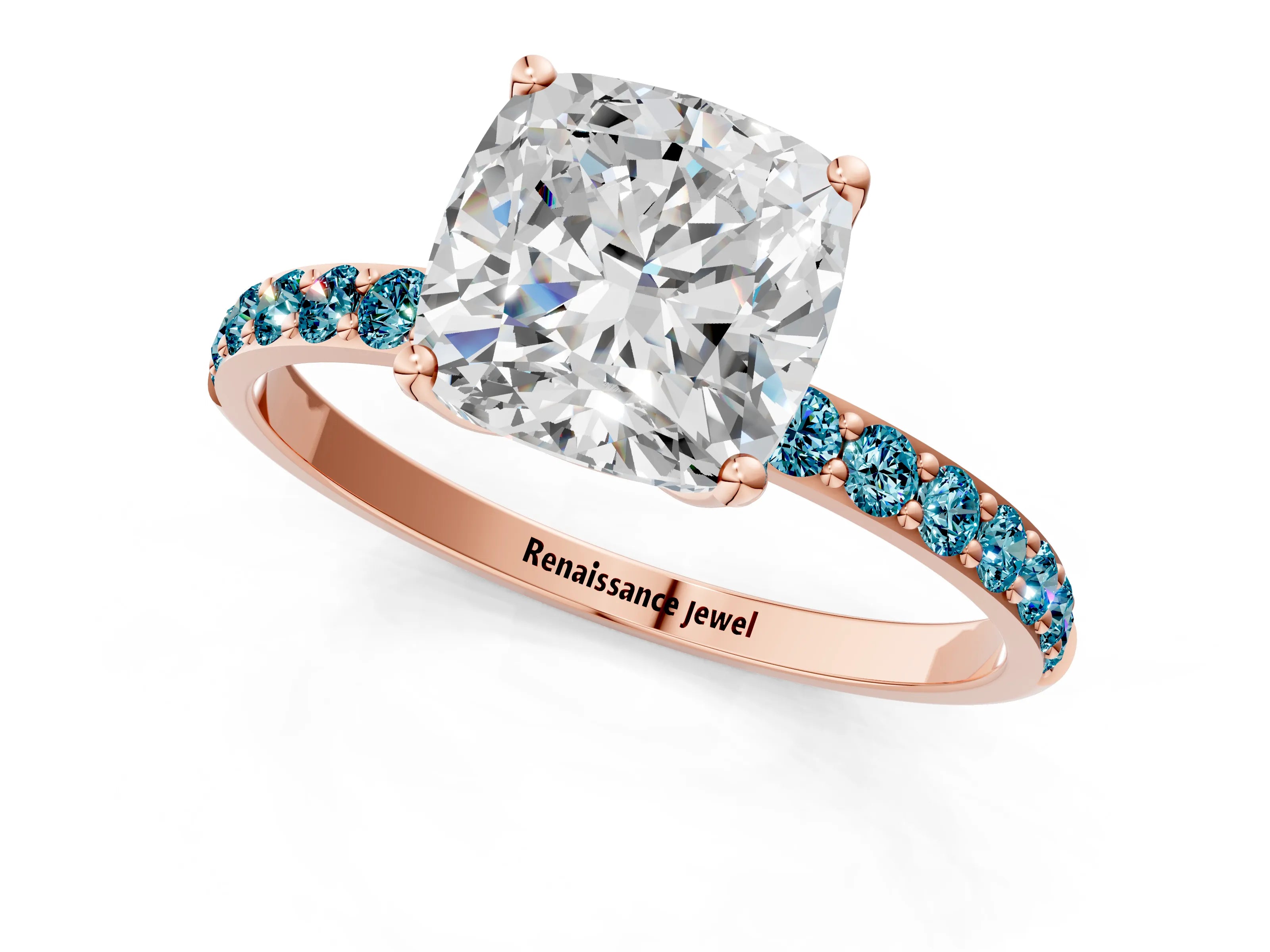 Rose gold Cushion Cut Diamond Solitaire Engagement Ring with Round with Blue Topaz side stone Pavé Band and Prong Setting_1