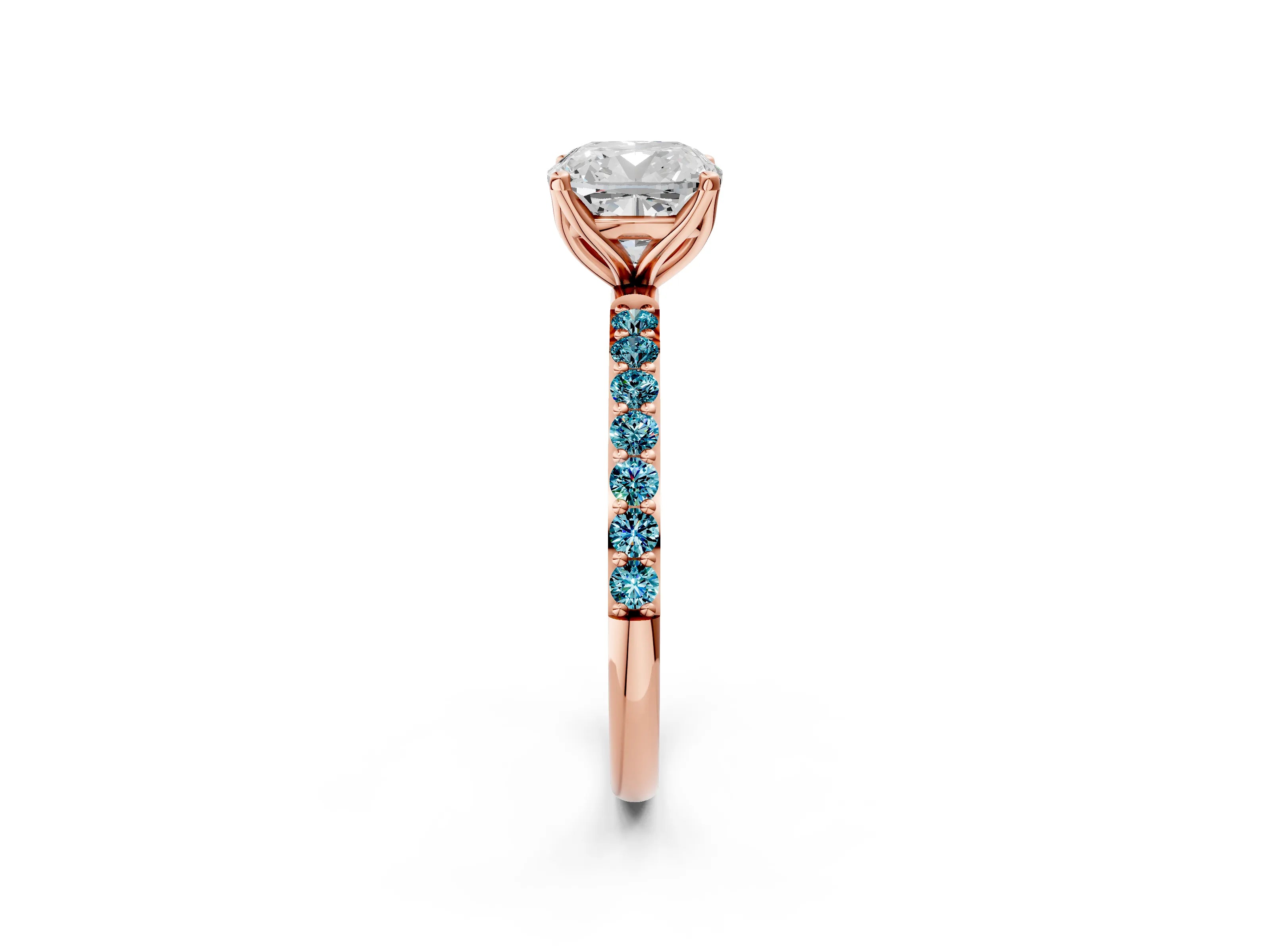 Rose gold Cushion Cut Diamond Solitaire Engagement Ring with Round with Blue Topaz side stone Pavé Band and Prong Setting_2