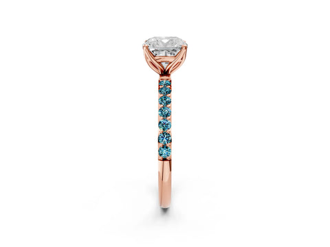 Rose gold Cushion Cut Diamond Solitaire Engagement Ring with Round with Blue Topaz side stone Pavé Band and Prong Setting_2