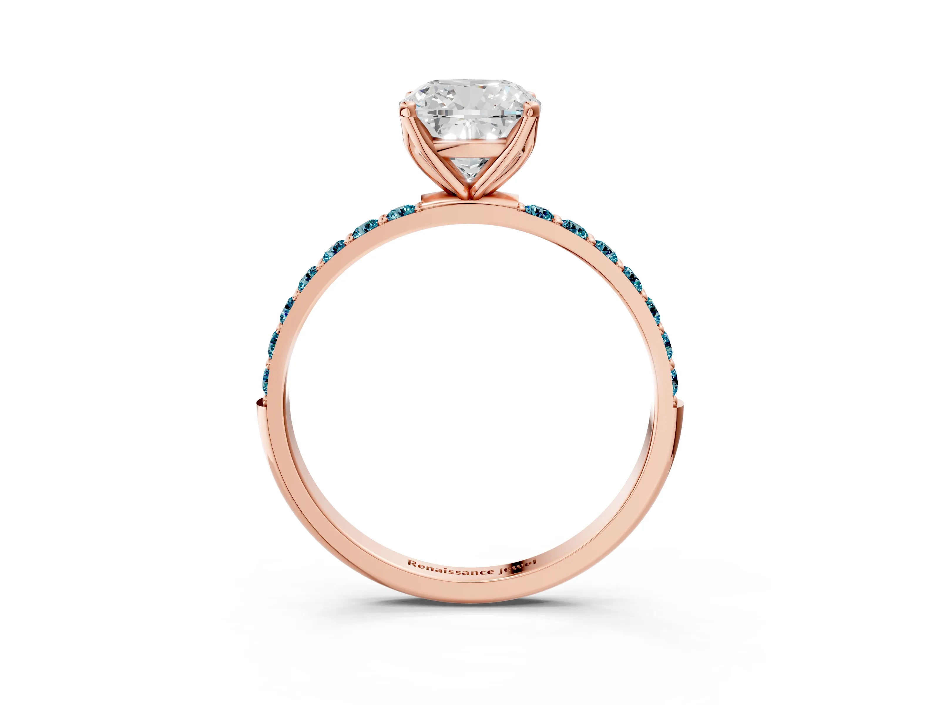 Rose gold Cushion Cut Diamond Solitaire Engagement Ring with Round with Blue Topaz side stone Pavé Band and Prong Setting_3