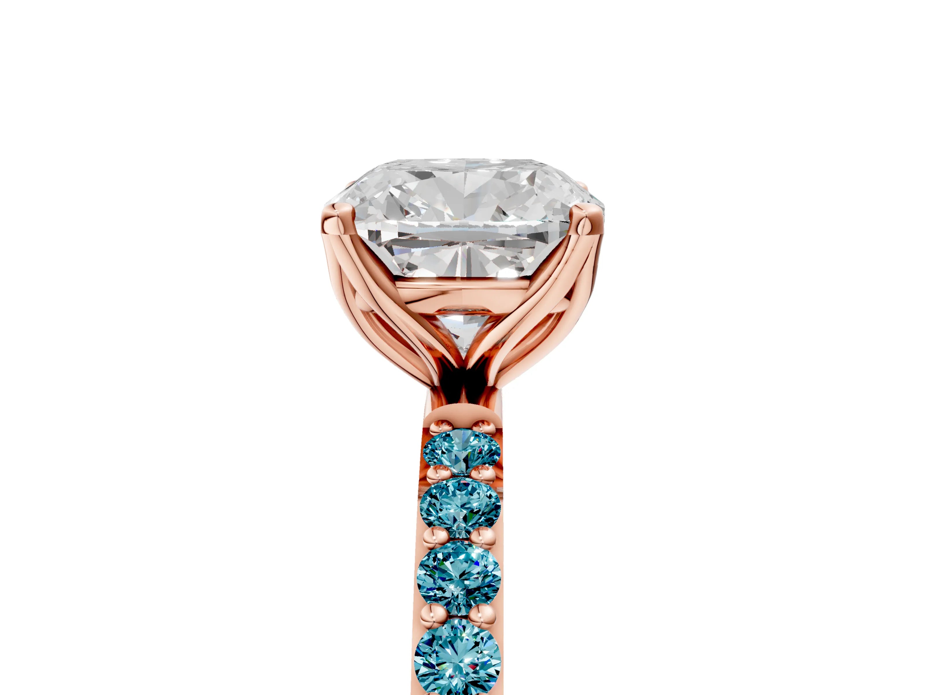 Rose gold Cushion Cut Diamond Solitaire Engagement Ring with Round with Blue Topaz side stone Pavé Band and Prong Setting_5