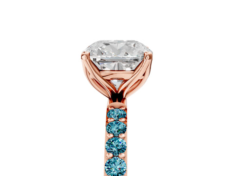 Rose gold Cushion Cut Diamond Solitaire Engagement Ring with Round with Blue Topaz side stone Pavé Band and Prong Setting_5