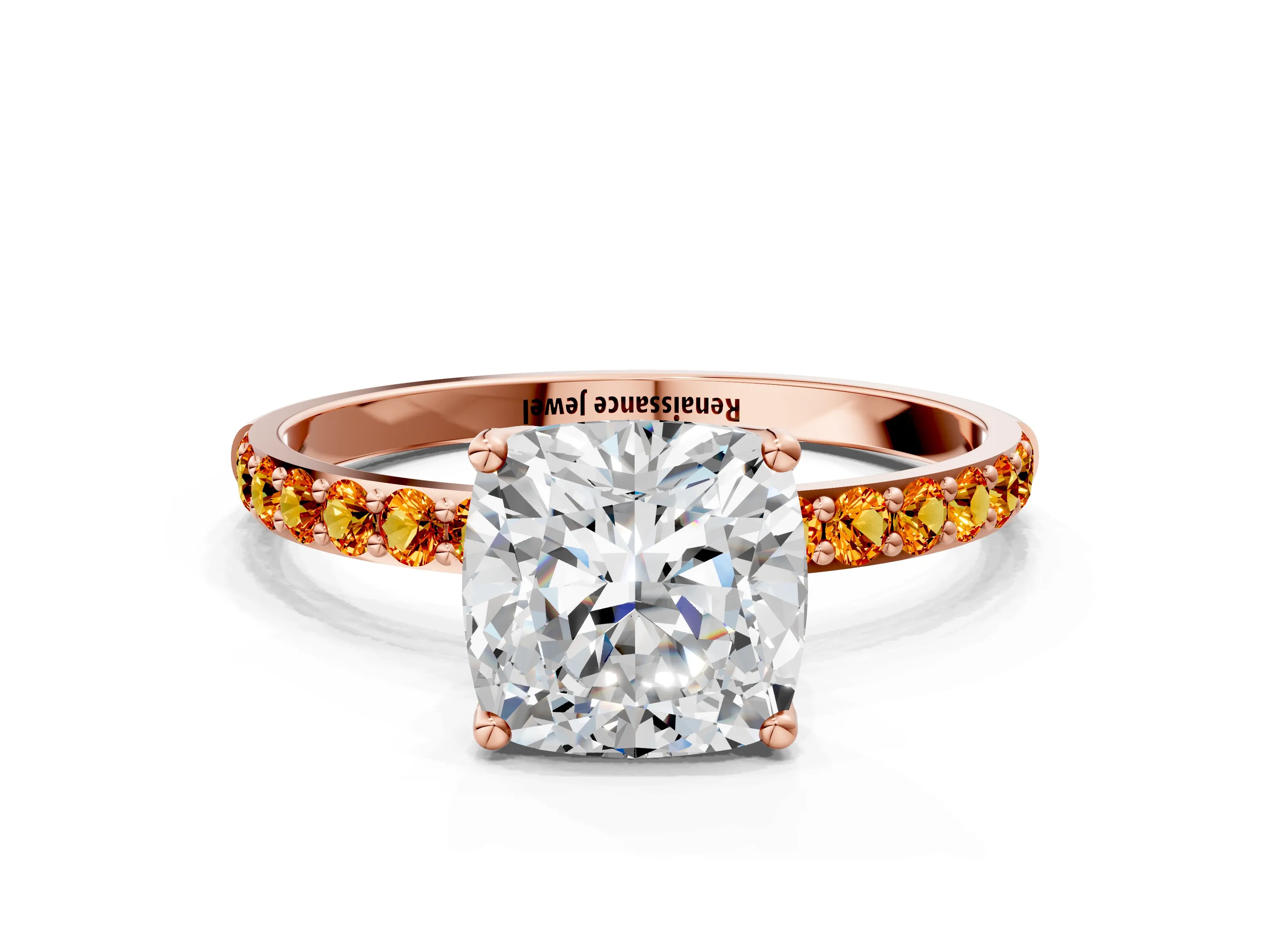 Rose gold Cushion Cut Diamond Solitaire Engagement Ring with Round with Citrine side stone Pavé Band and Prong Setting