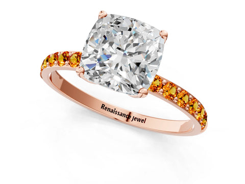 Rose gold Cushion Cut Diamond Solitaire Engagement Ring with Round with Citrine side stone Pavé Band and Prong Setting_1