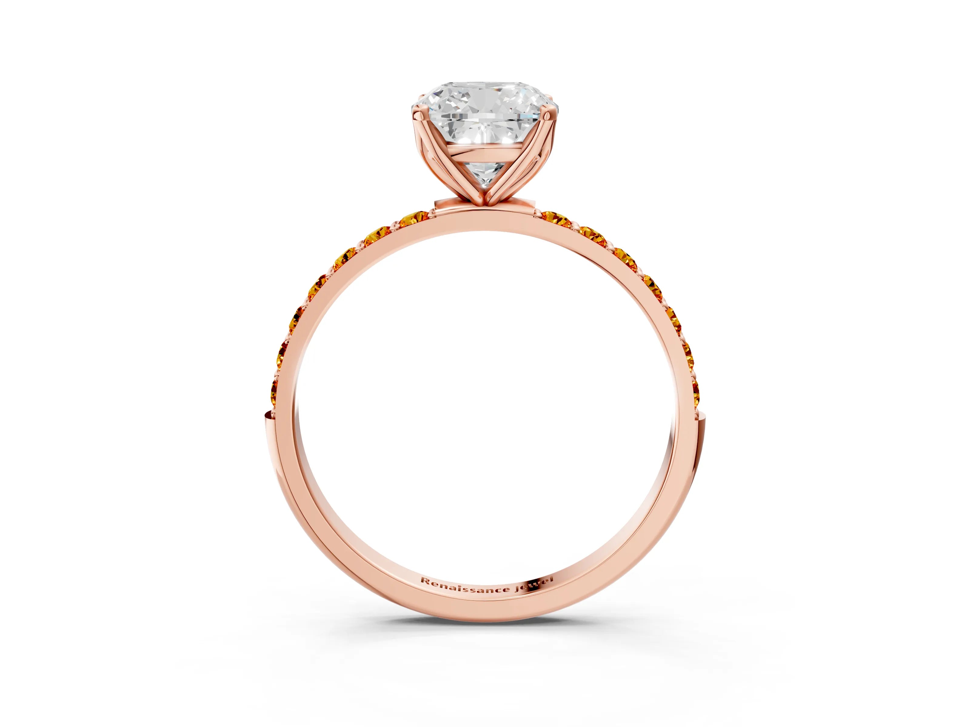 Rose gold Cushion Cut Diamond Solitaire Engagement Ring with Round with Citrine side stone Pavé Band and Prong Setting_3