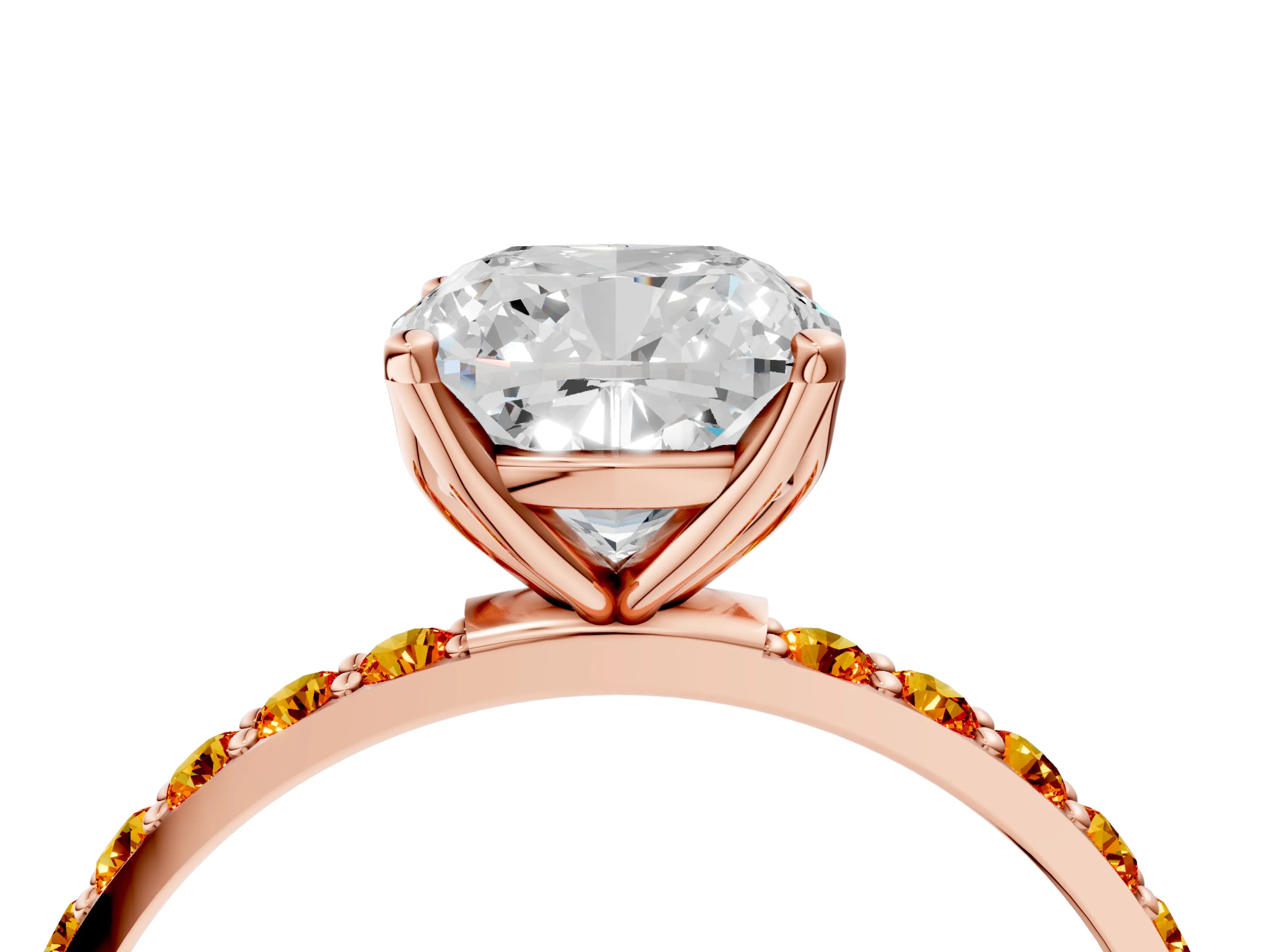 Rose gold Cushion Cut Diamond Solitaire Engagement Ring with Round with Citrine side stone Pavé Band and Prong Setting_4
