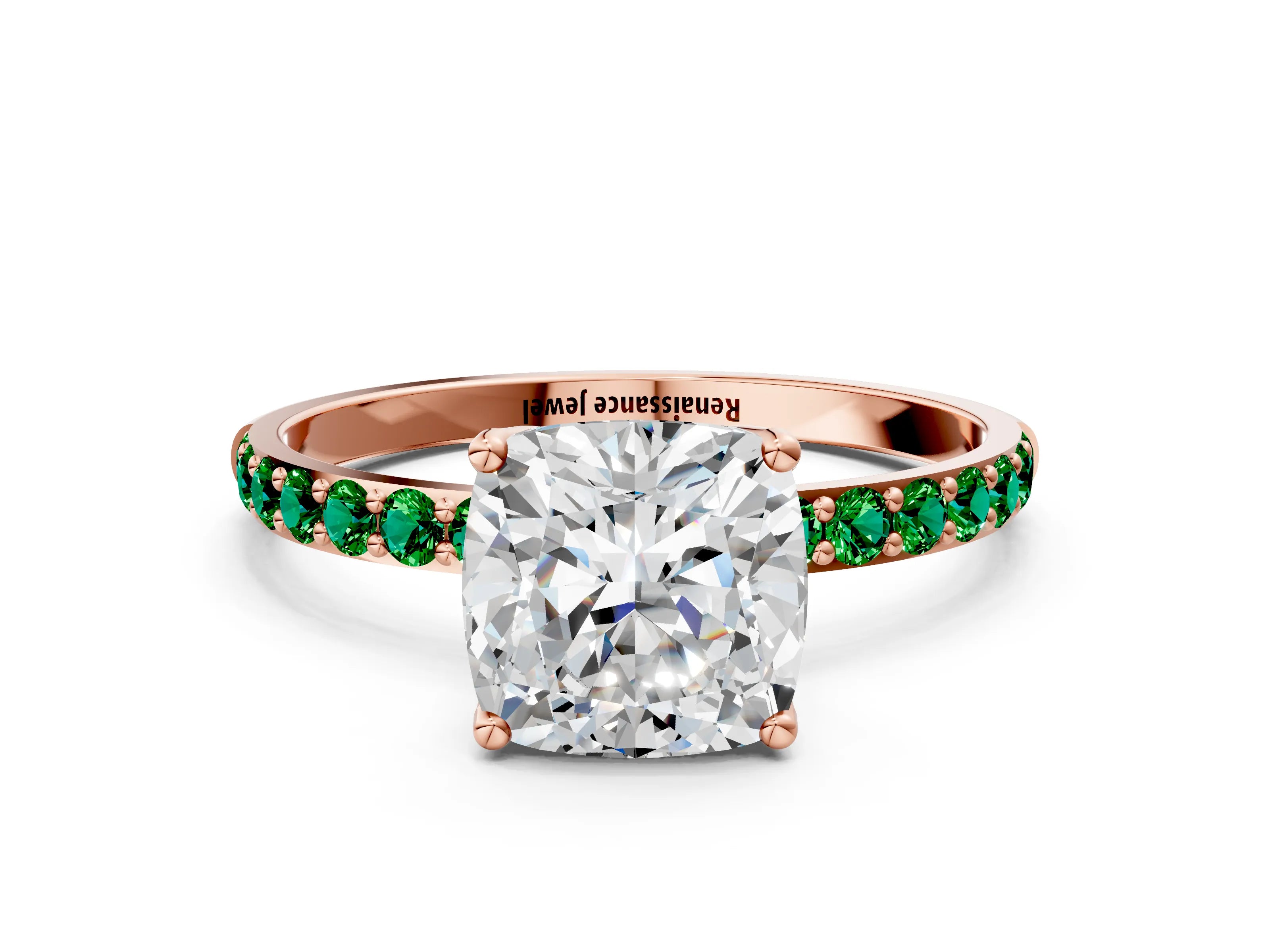 Rose gold Cushion Cut Diamond Solitaire Engagement Ring with Round with Emerald side stone Pavé Band and Prong Setting