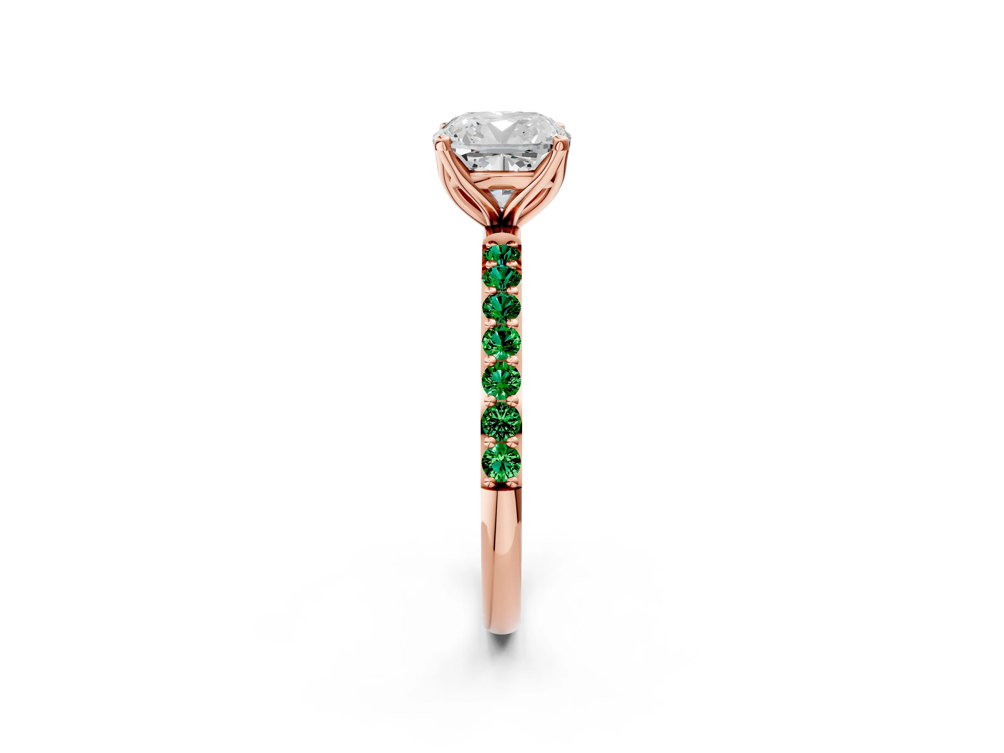 Rose gold Cushion Cut Diamond Solitaire Engagement Ring with Round with Emerald side stone Pavé Band and Prong Setting_2