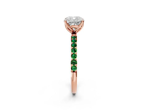 Rose gold Cushion Cut Diamond Solitaire Engagement Ring with Round with Emerald side stone Pavé Band and Prong Setting_2