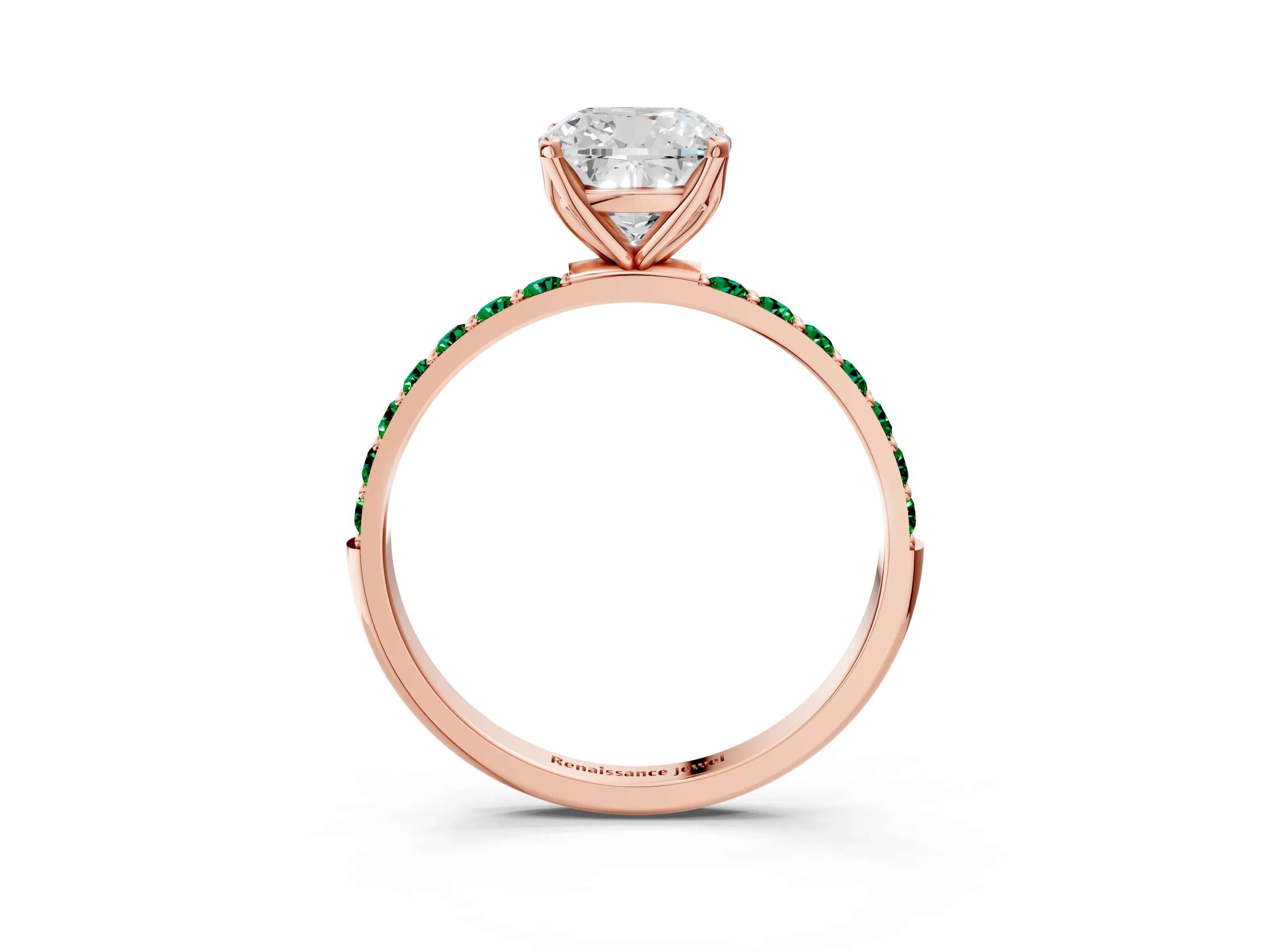 Rose gold Cushion Cut Diamond Solitaire Engagement Ring with Round with Emerald side stone Pavé Band and Prong Setting_3