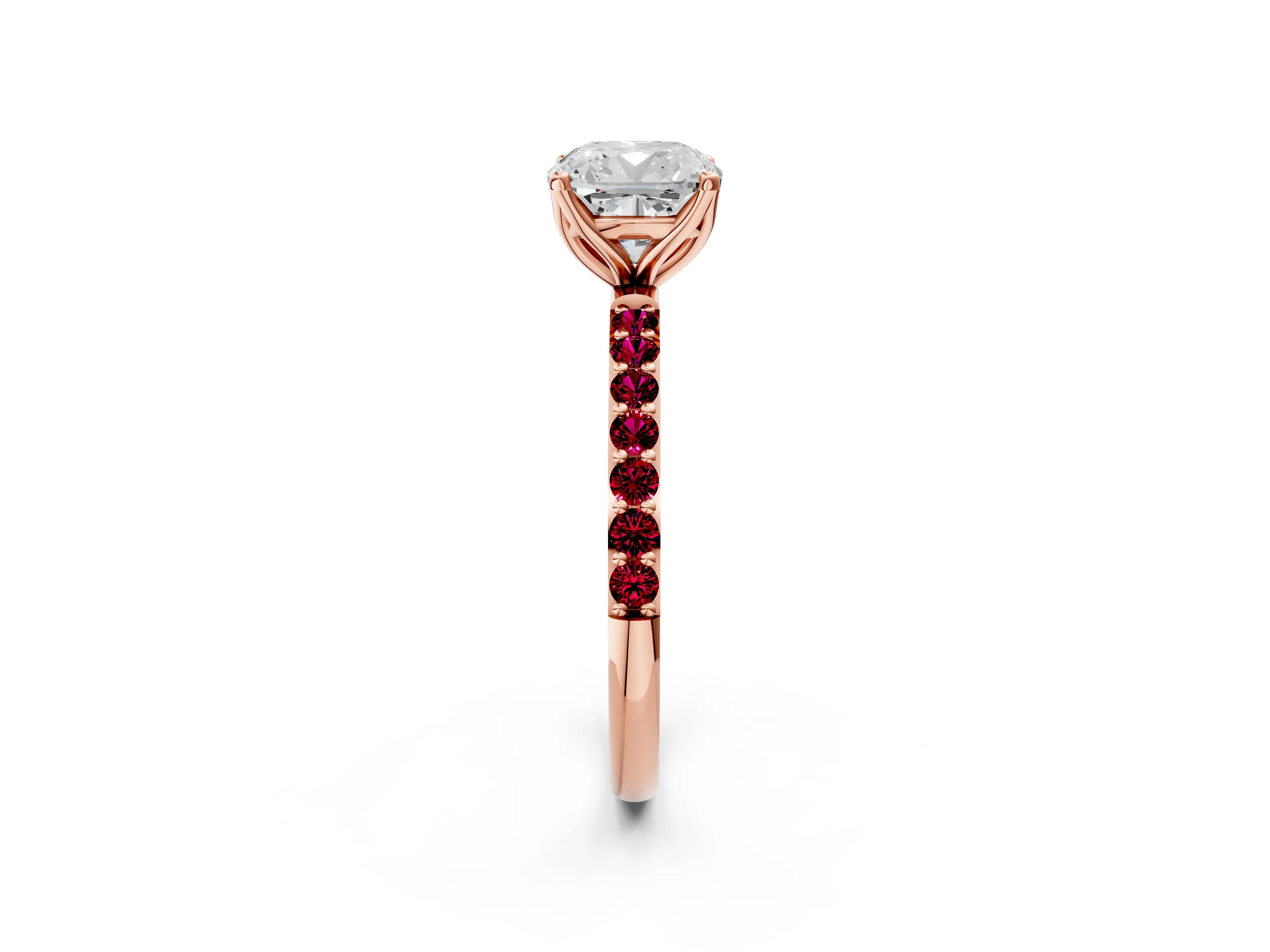Rose gold Cushion Cut Diamond Solitaire Engagement Ring with Round with Garnet side stone Pavé Band and Prong Setting_2