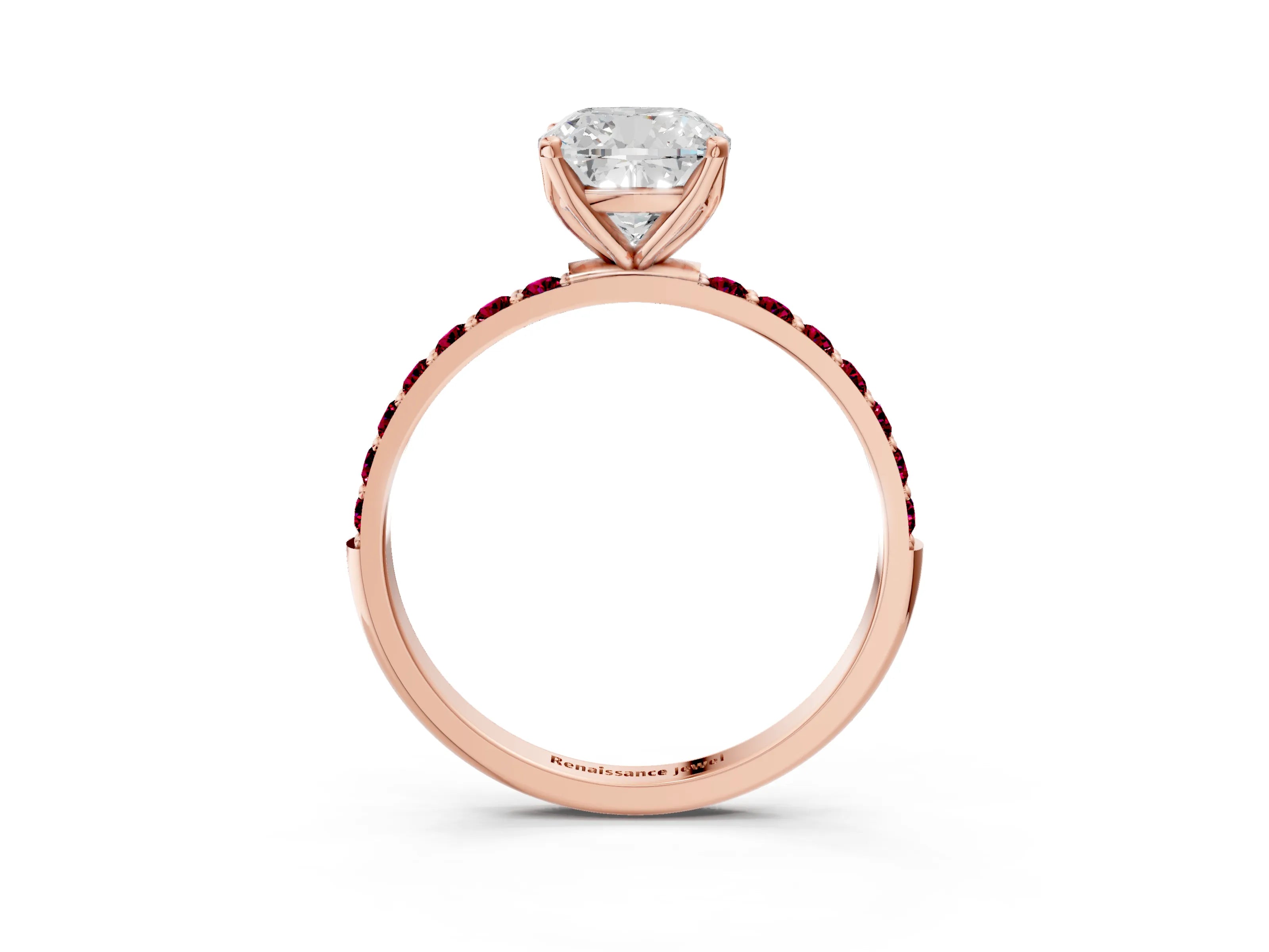 Rose gold Cushion Cut Diamond Solitaire Engagement Ring with Round with Garnet side stone Pavé Band and Prong Setting_3