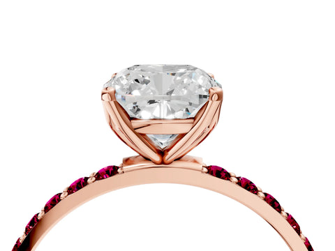 Rose gold Cushion Cut Diamond Solitaire Engagement Ring with Round with Garnet side stone Pavé Band and Prong Setting_4