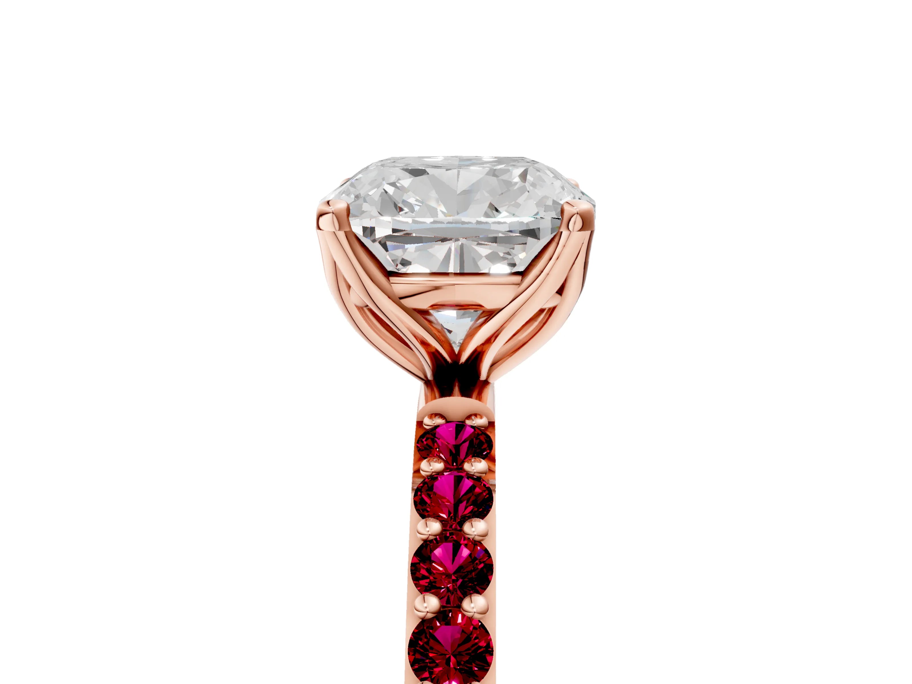 Rose gold Cushion Cut Diamond Solitaire Engagement Ring with Round with Garnet side stone Pavé Band and Prong Setting_5
