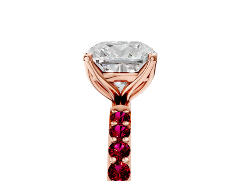 Rose gold Cushion Cut Diamond Solitaire Engagement Ring with Round with Garnet side stone Pavé Band and Prong Setting_5