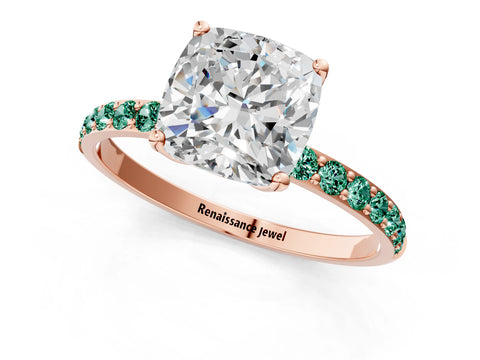 Rose gold Cushion Cut Diamond Solitaire Engagement Ring with Round with Green Sapphire side stone Pavé Band and Prong Setting_1