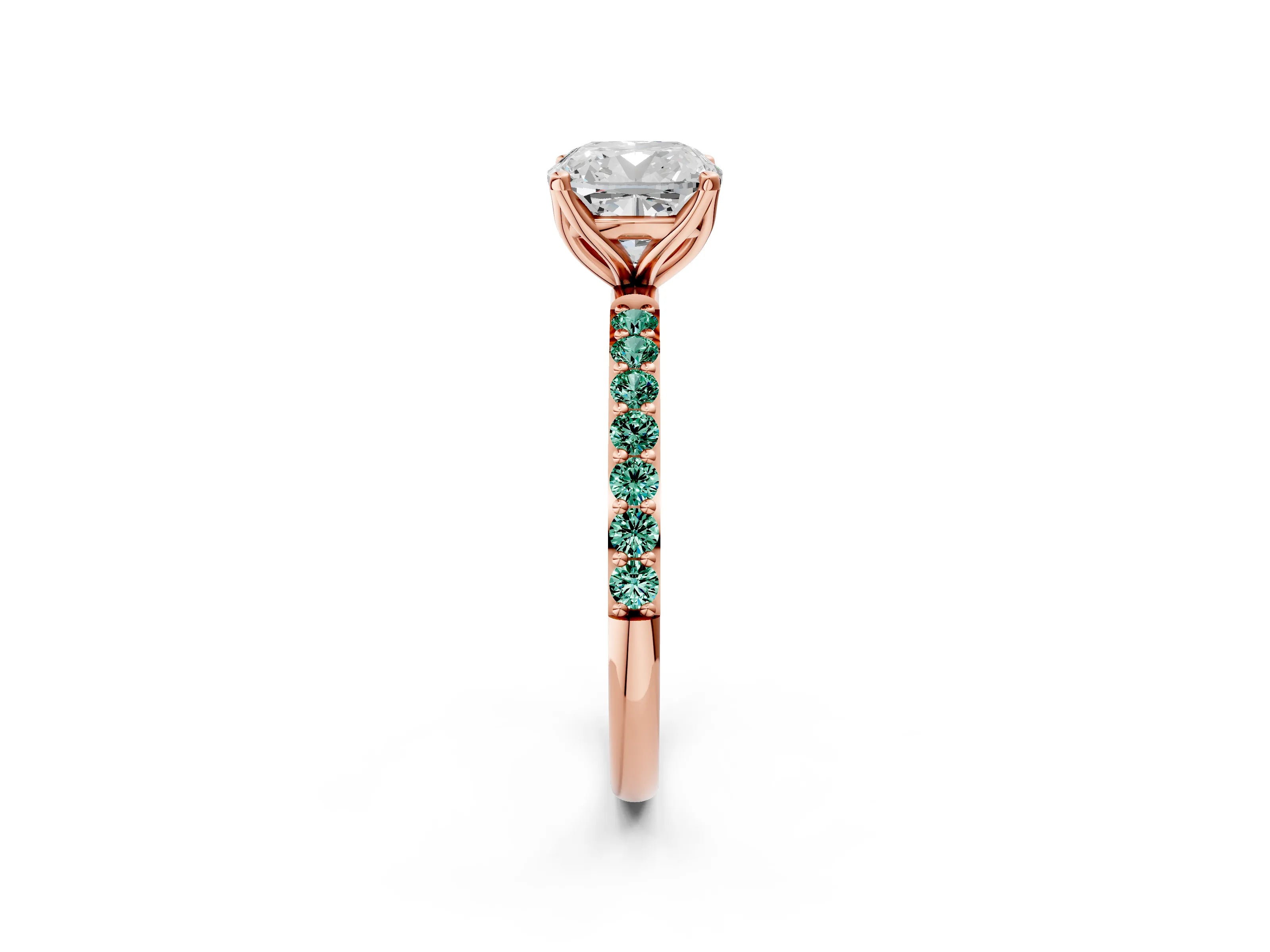 Rose gold Cushion Cut Diamond Solitaire Engagement Ring with Round with Green Sapphire side stone Pavé Band and Prong Setting_2