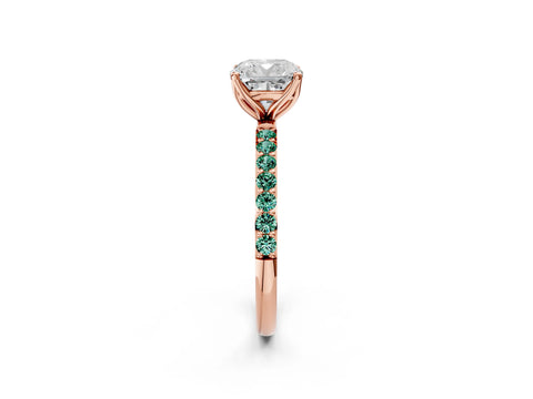 Rose gold Cushion Cut Diamond Solitaire Engagement Ring with Round with Green Sapphire side stone Pavé Band and Prong Setting_2