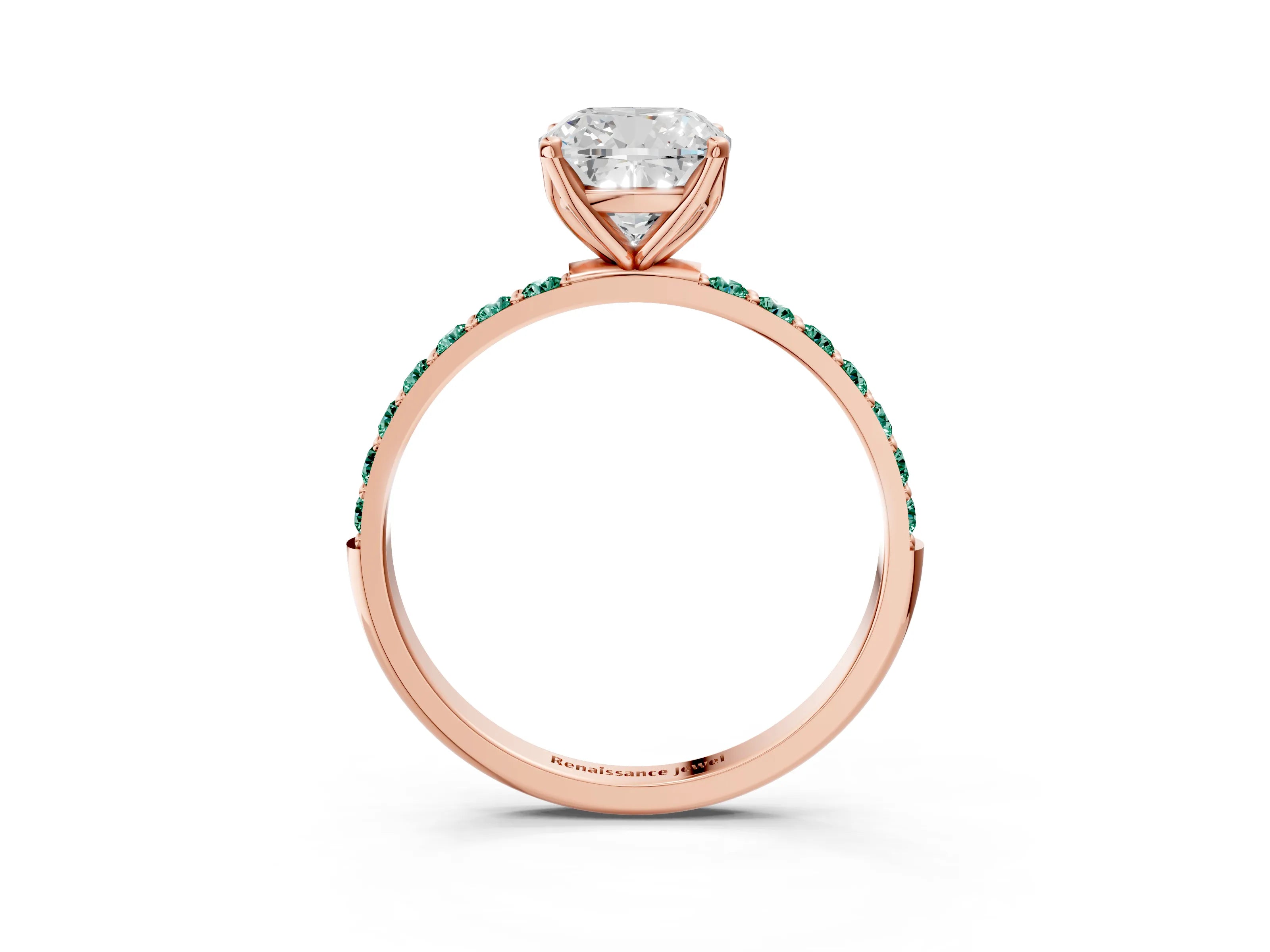 Rose gold Cushion Cut Diamond Solitaire Engagement Ring with Round with Green Sapphire side stone Pavé Band and Prong Setting_3