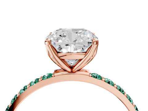Rose gold Cushion Cut Diamond Solitaire Engagement Ring with Round with Green Sapphire side stone Pavé Band and Prong Setting_4