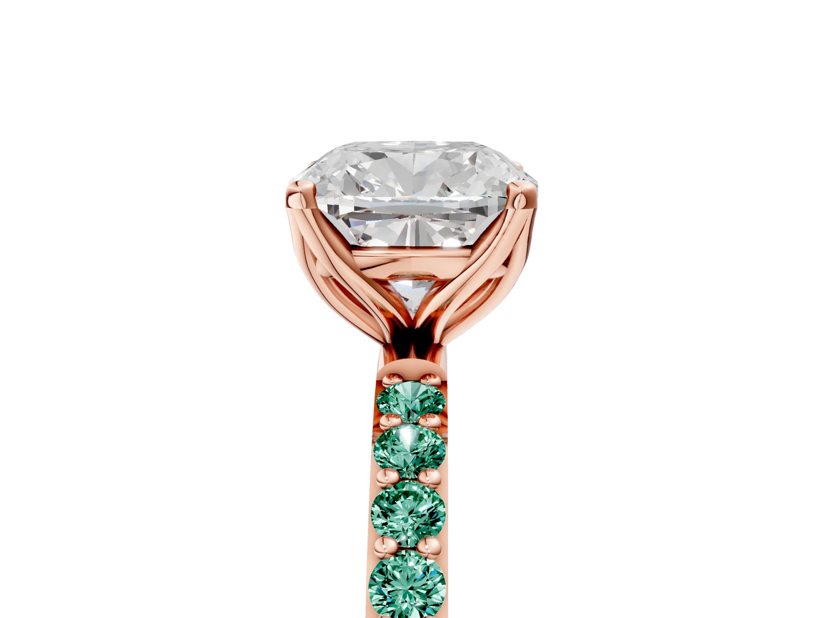Rose gold Cushion Cut Diamond Solitaire Engagement Ring with Round with Green Sapphire side stone Pavé Band and Prong Setting_5