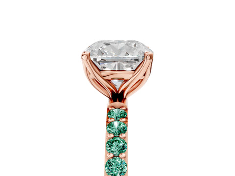 Rose gold Cushion Cut Diamond Solitaire Engagement Ring with Round with Green Sapphire side stone Pavé Band and Prong Setting_5