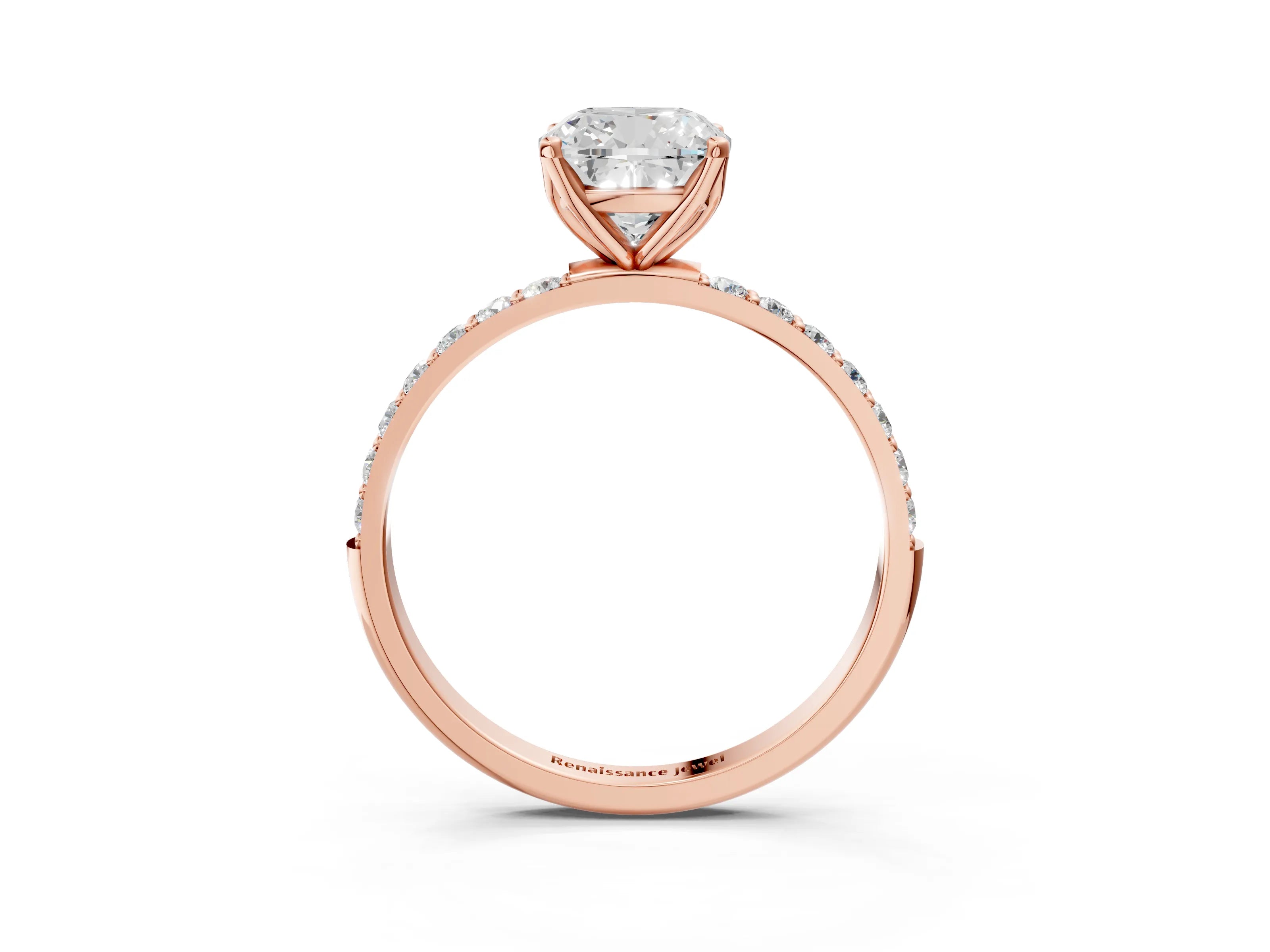 Rose gold Cushion Cut Diamond Solitaire Engagement Ring with Round with Moissanite side stone Pavé Band and Prong Setting_3