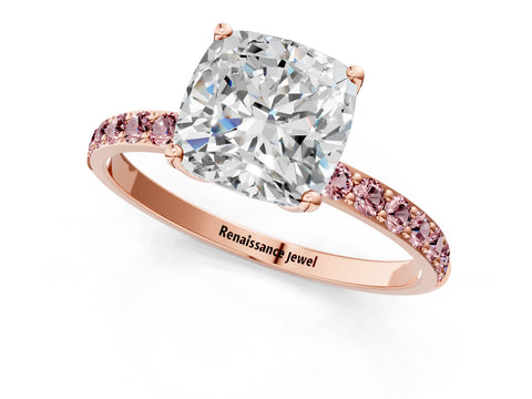 Rose gold Cushion Cut Diamond Solitaire Engagement Ring with Round with Morganite side stone Pavé Band and Prong Setting_1