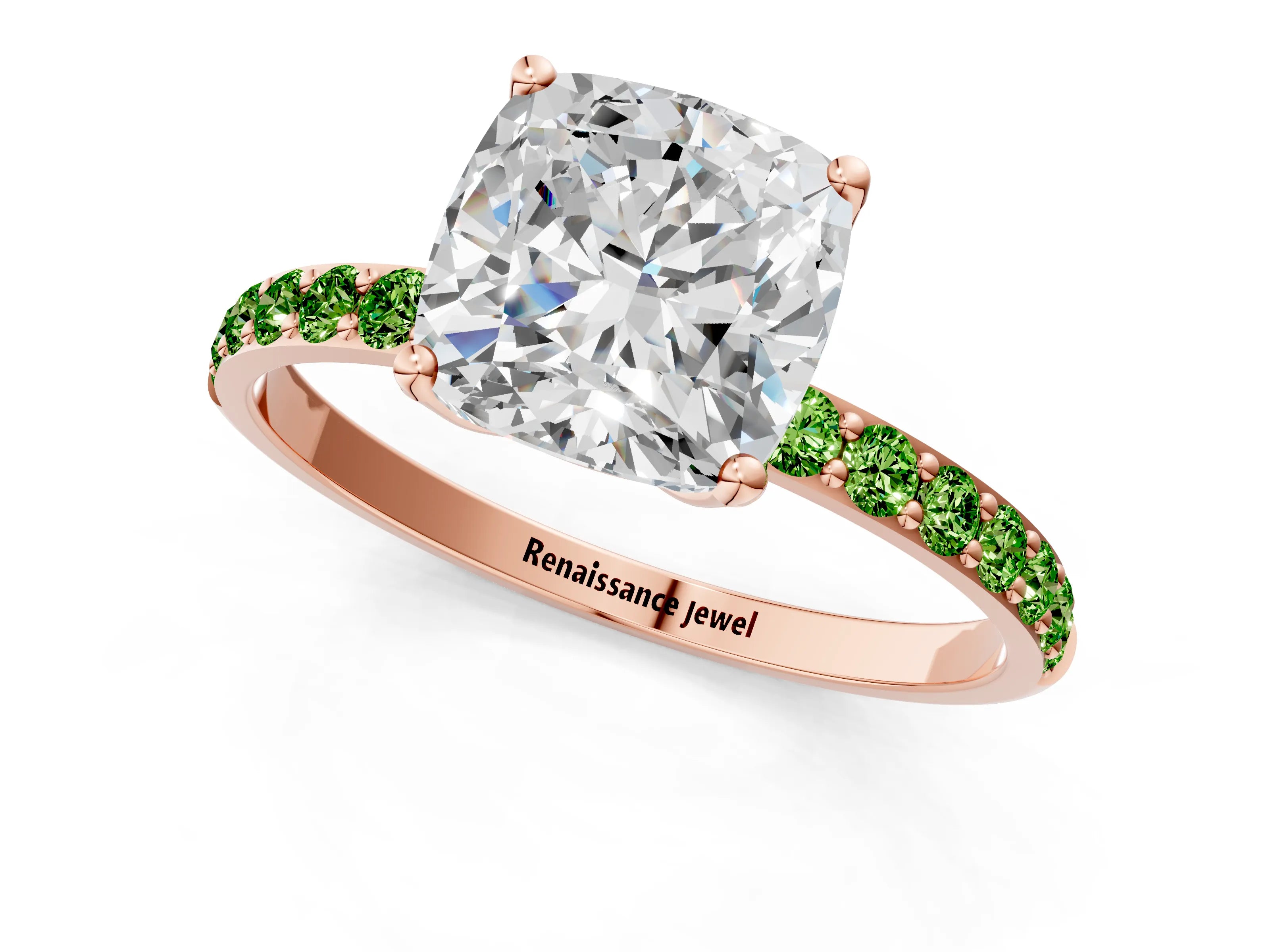 Rose gold Cushion Cut Diamond Solitaire Engagement Ring with Round with Peridot side stone Pavé Band and Prong Setting_1