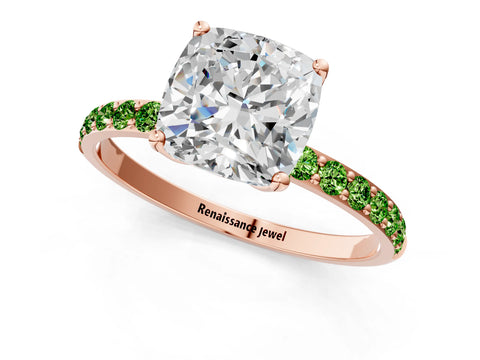 Rose gold Cushion Cut Diamond Solitaire Engagement Ring with Round with Peridot side stone Pavé Band and Prong Setting_1