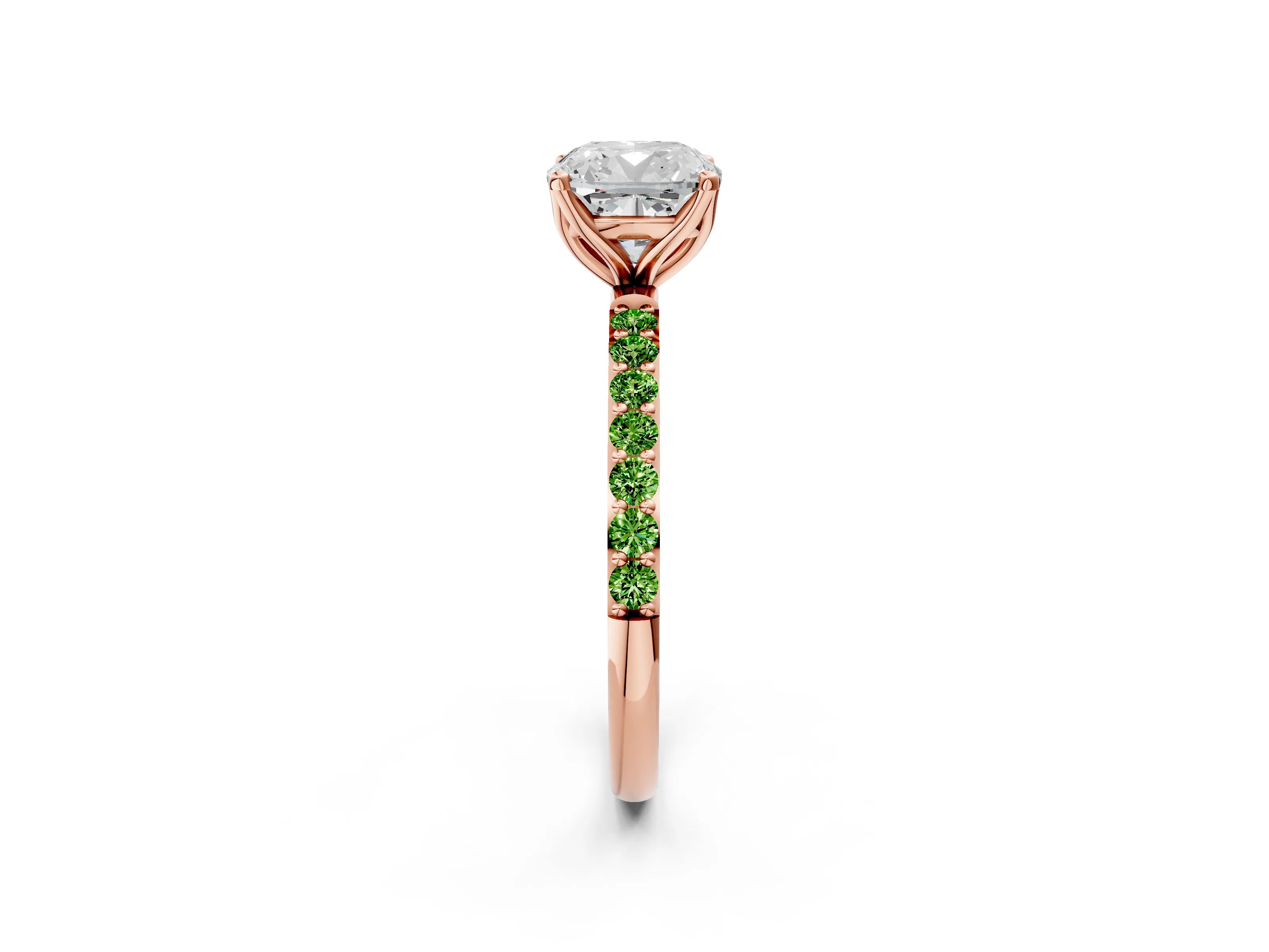 Rose gold Cushion Cut Diamond Solitaire Engagement Ring with Round with Peridot side stone Pavé Band and Prong Setting_2