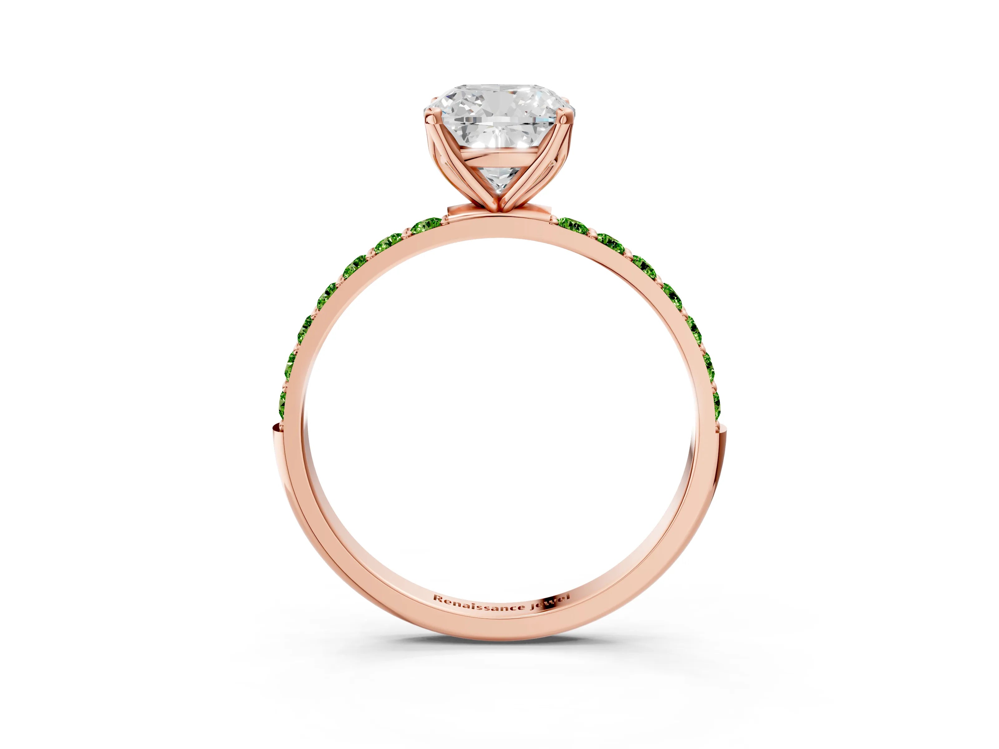 Rose gold Cushion Cut Diamond Solitaire Engagement Ring with Round with Peridot side stone Pavé Band and Prong Setting_3