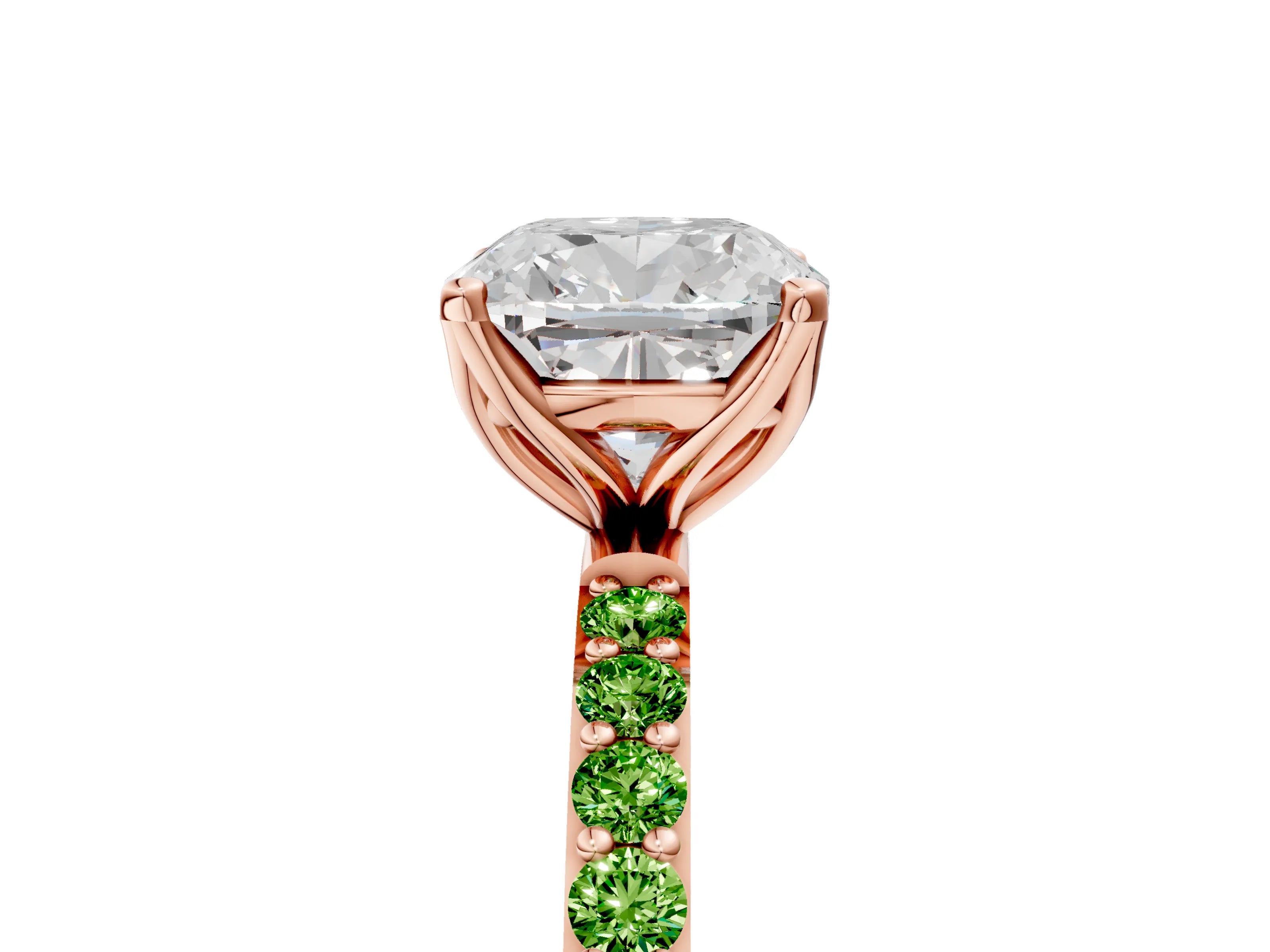 Rose gold Cushion Cut Diamond Solitaire Engagement Ring with Round with Peridot side stone Pavé Band and Prong Setting_5